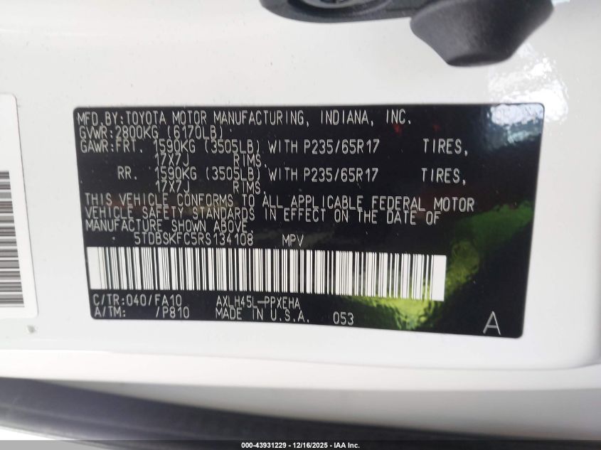 2024 Toyota Sienna Le VIN: 5TDBSKFC5RS134108 Lot: 43931229