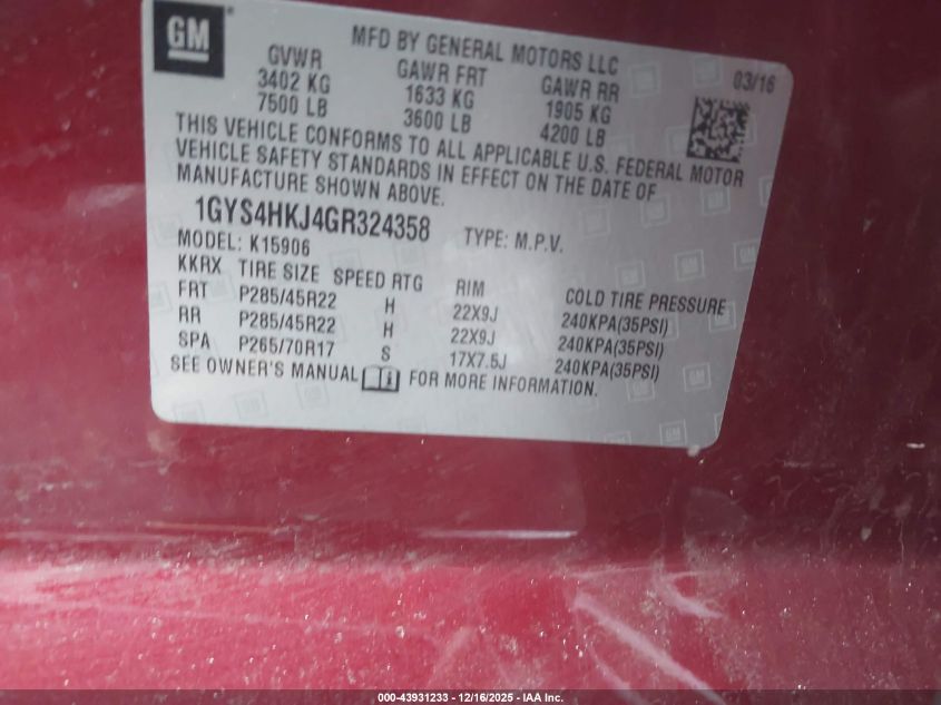 2016 Cadillac Escalade Esv Luxury Collection VIN: 1GYS4HKJ4GR324358 Lot: 43931233
