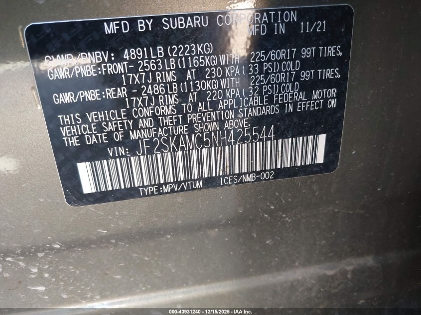 2022 Subaru Forester Wilderness VIN: JF2SKAMC5NH425544 Lot: 43931240