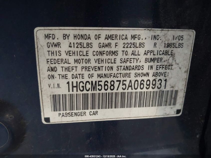2005 Honda Accord 2.4 Ex VIN: 1HGCM56875A069931 Lot: 43931243
