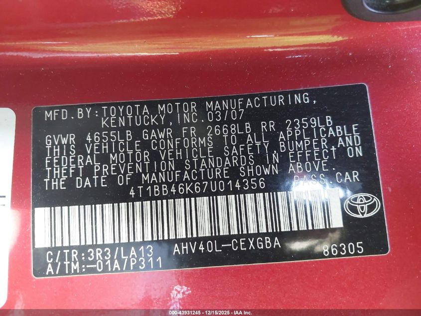 2007 Toyota Camry Hybrid VIN: 4T1BB46K67U014356 Lot: 43931245