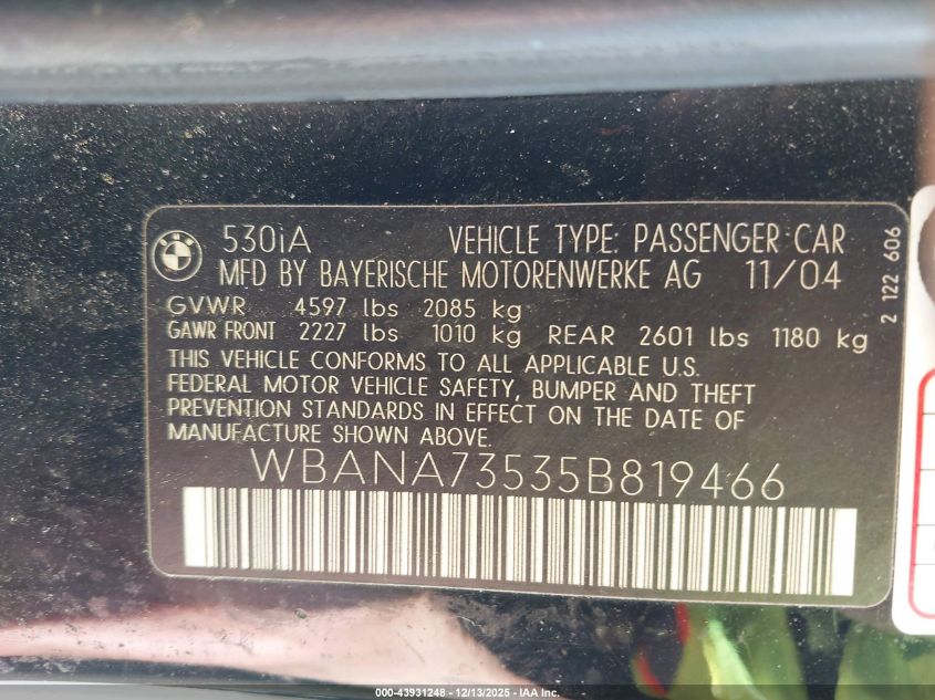 2005 BMW 530I VIN: WBANA73535B819466 Lot: 43931248