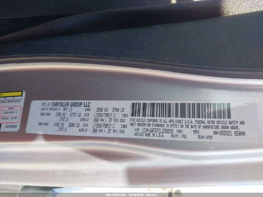 2012 Jeep Wrangler Unlimited Rubicon VIN: 1C4HJWFG7CL259255 Lot: 43931249