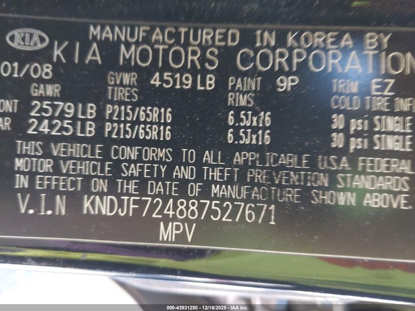 2008 Kia Sportage Lx VIN: KNDJF724887527671 Lot: 43931250