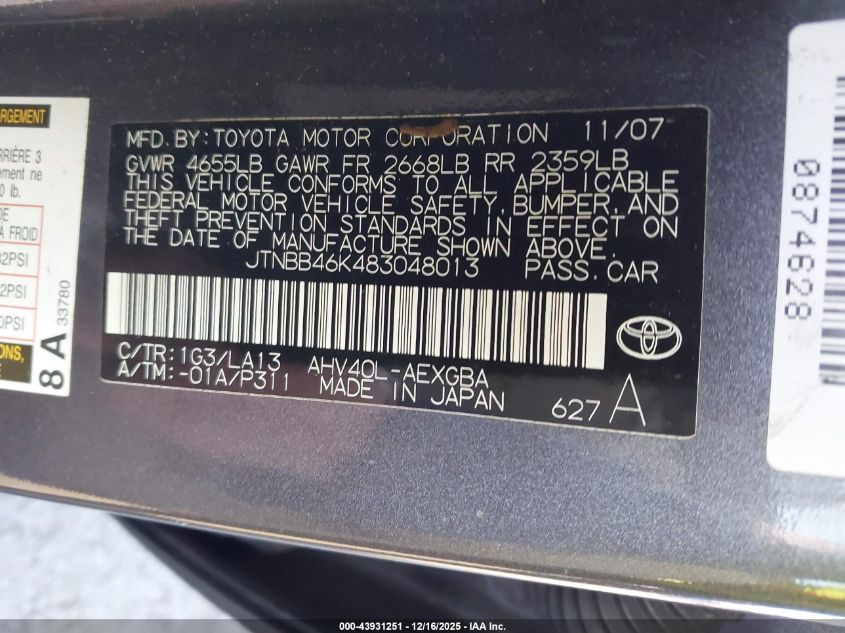 2008 Toyota Camry Hybrid VIN: JTNBB46K483048013 Lot: 43931251