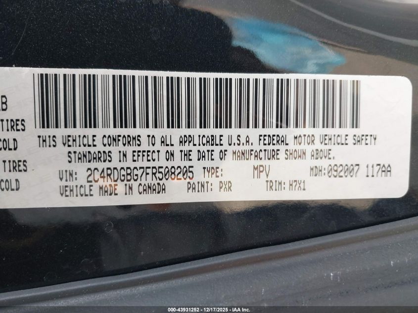 2015 Dodge Grand Caravan American Value Pkg VIN: 2C4RDGBG7FR508205 Lot: 43931252