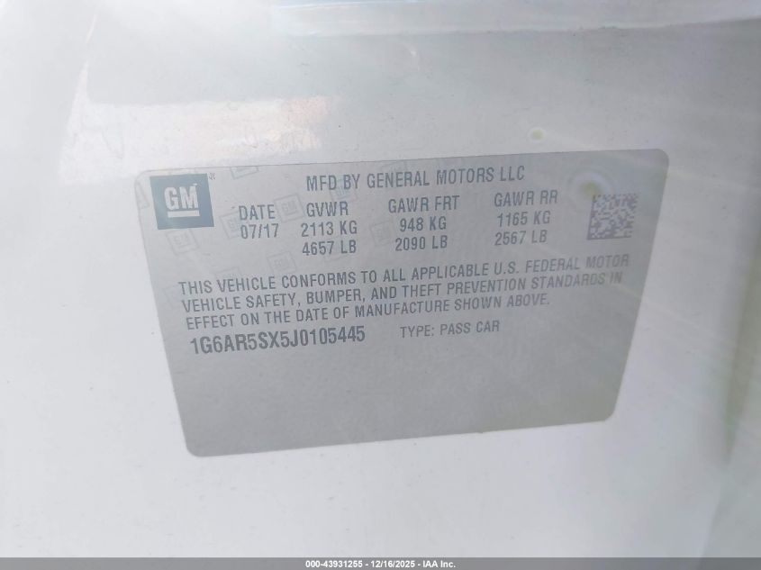 2018 Cadillac Cts Luxury VIN: 1G6AR5SX5J0105445 Lot: 43931255