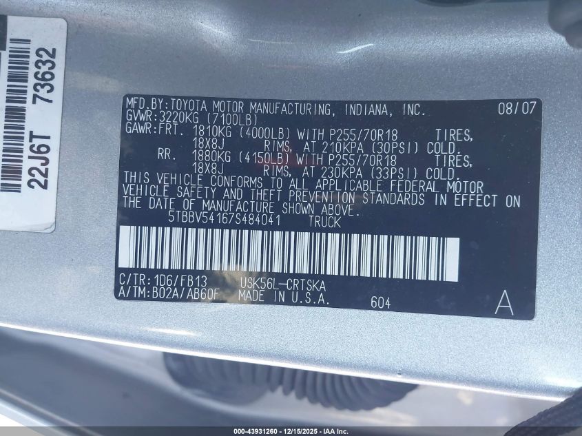 2007 Toyota Tundra Sr5 5.7L V8 VIN: 5TBBV54167S484041 Lot: 43931260