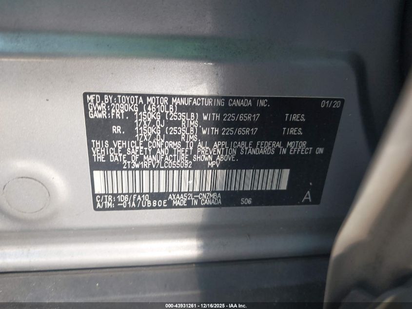 2020 Toyota Rav4 Xle VIN: 2T3W1RFV7LC055092 Lot: 43931261