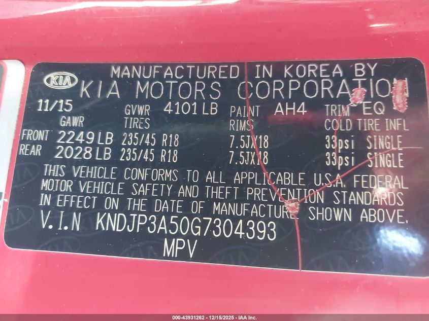 2016 Kia Soul + VIN: KNDJP3A50G7304393 Lot: 43931262