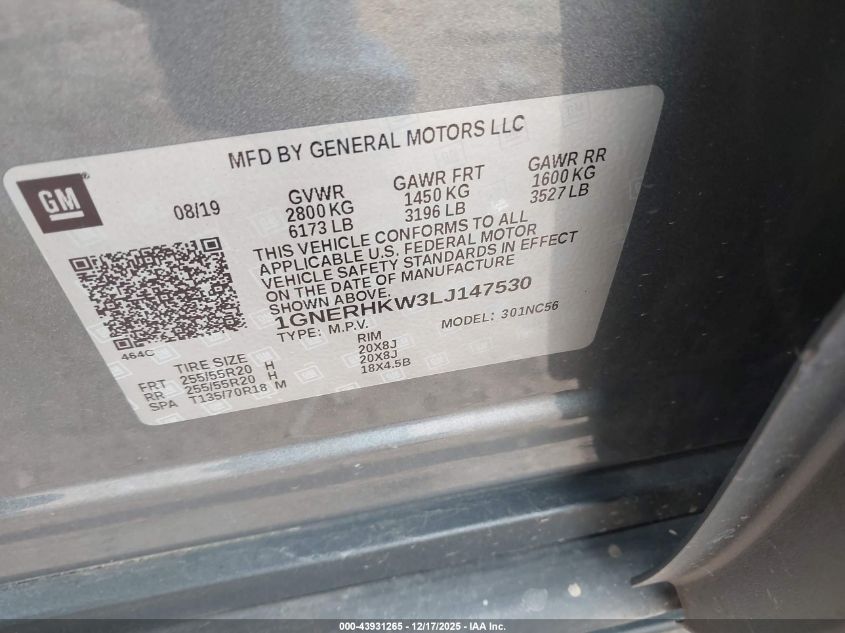 2020 Chevrolet Traverse Fwd Lt Leather VIN: 1GNERHKW3LJ147530 Lot: 43931265