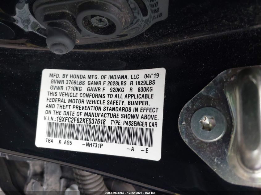 2019 Honda Civic Lx VIN: 19XFC2F62KE037618 Lot: 43931267