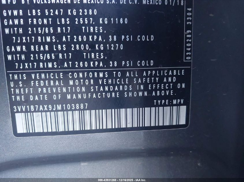 2018 Volkswagen Tiguan 2.0T S VIN: 3VV1B7AX9JM103887 Lot: 43931268