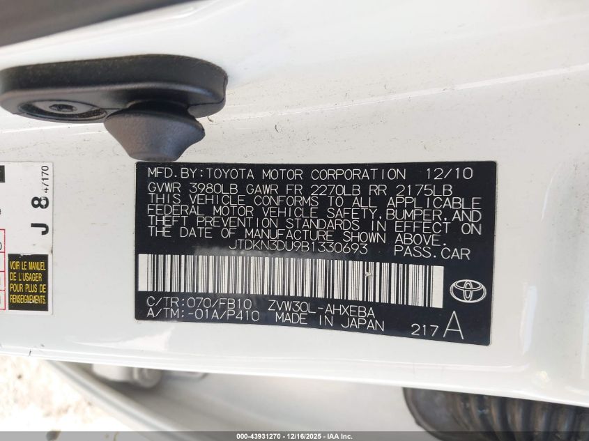 2011 Toyota Prius Three VIN: JTDKN3DU9B1330693 Lot: 43931270