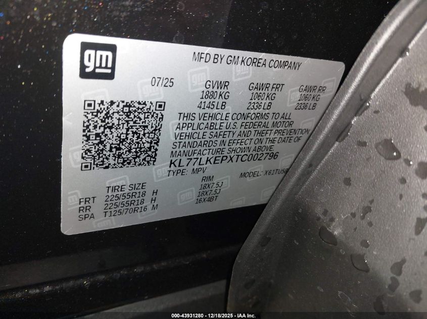 2026 Chevrolet Trax Fwd Activ VIN: KL77LKEPXTC002796 Lot: 43931280