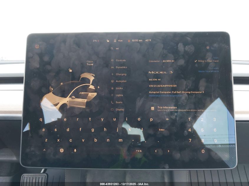 2023 Tesla Model 3 Rear-Wheel Drive VIN: 5YJ3E1EA4PF616320 Lot: 43931283