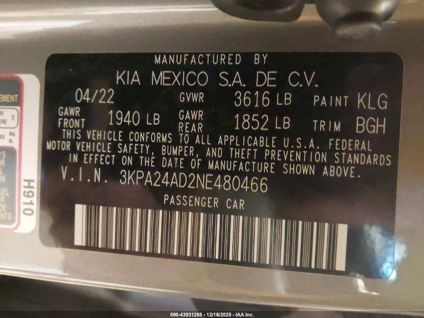 2022 Kia Rio S VIN: 3KPA24AD2NE480466 Lot: 43931285