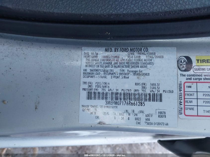 2006 Mercury Milan V6 VIN: 3MEFM07176R661285 Lot: 43931287