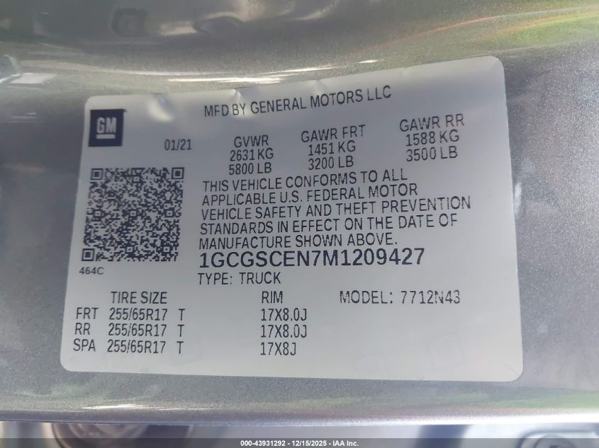 2021 Chevrolet Colorado 2Wd Short Box Lt VIN: 1GCGSCEN7M1209427 Lot: 43931292