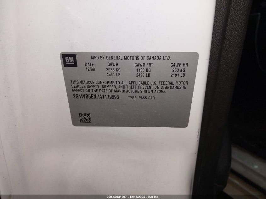 2010 Chevrolet Impala Lt VIN: 2G1WB5EN7A1179593 Lot: 43931297