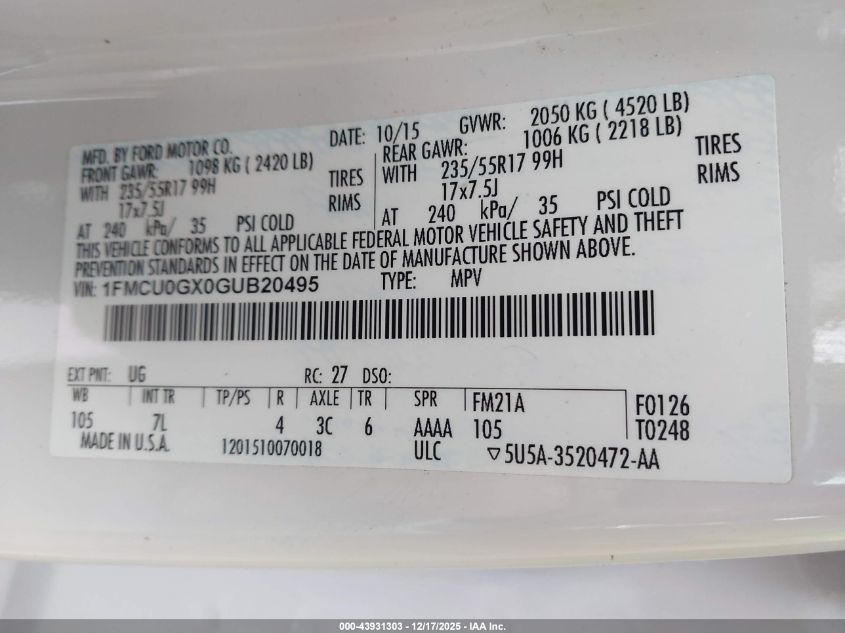 2016 Ford Escape Se VIN: 1FMCU0GX0GUB20495 Lot: 43931303