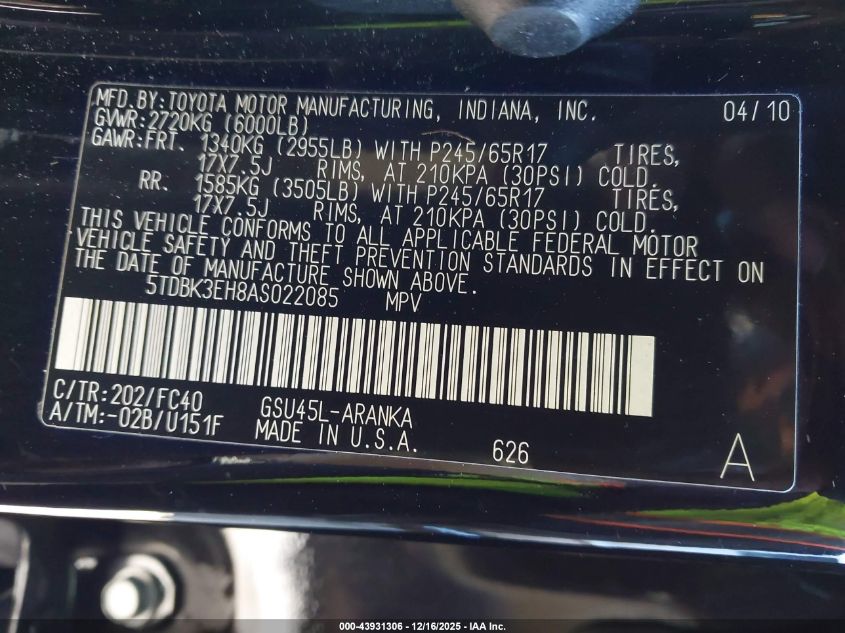 2010 Toyota Highlander Base V6 VIN: 5TDBK3EH8AS022085 Lot: 43931306