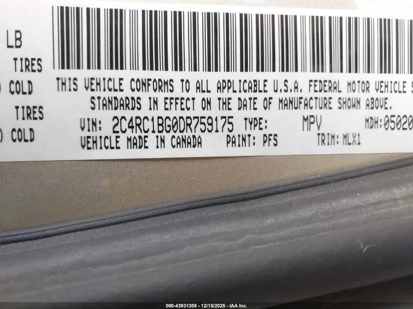 2013 Chrysler Town & Country Touring VIN: 2C4RC1BG0DR759175 Lot: 43931308