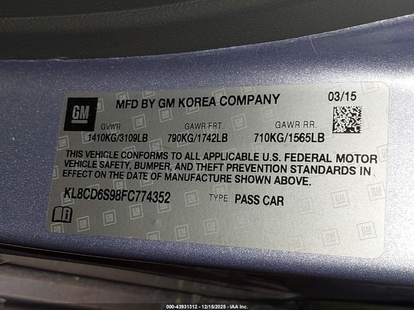 2015 Chevrolet Spark 1Lt Cvt VIN: KL8CD6S98FC774352 Lot: 43931312