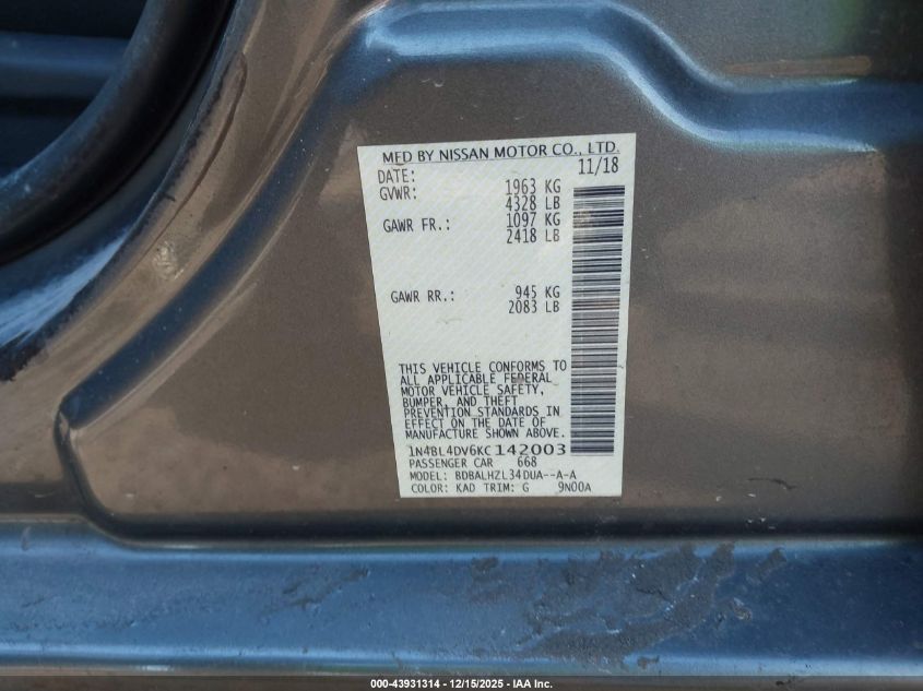 2019 Nissan Altima 2.5 Sv VIN: 1N4BL4DV6KC142003 Lot: 43931314