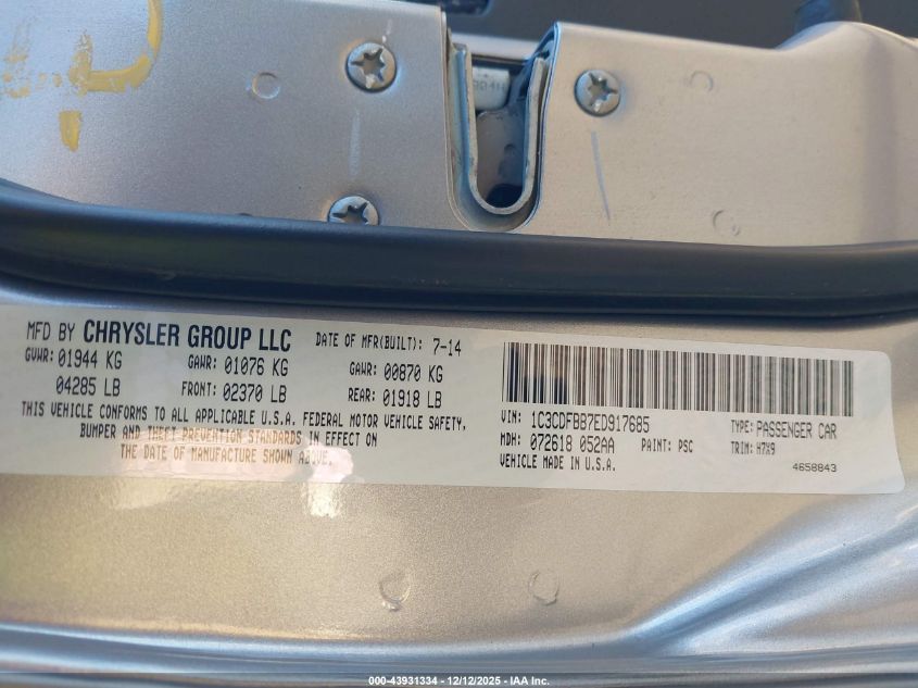 2014 Dodge Dart Sxt VIN: 1C3CDFBB7ED917685 Lot: 43931334