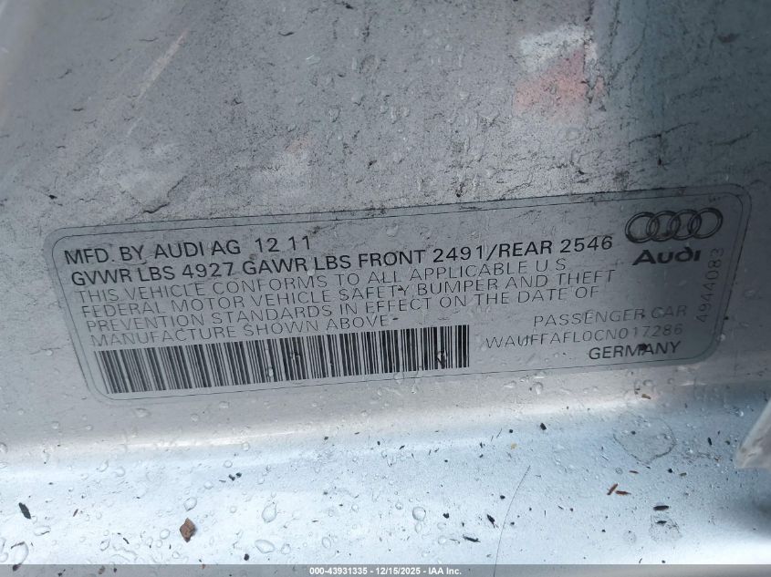 2012 Audi A4 2.0T Premium VIN: WAUFFAFL0CN017286 Lot: 43931335