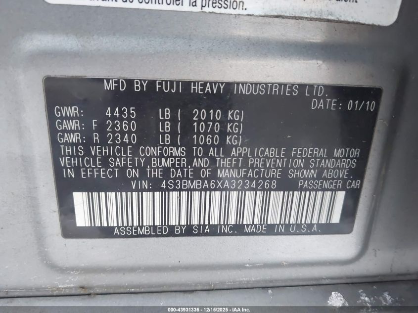 2010 Subaru Legacy 2.5I VIN: 4S3BMBA6XA3234268 Lot: 43931336