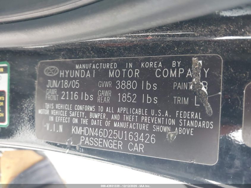 KMHDN46D25U163426 2005 HYUNDAI ELANTRA photo no. 9