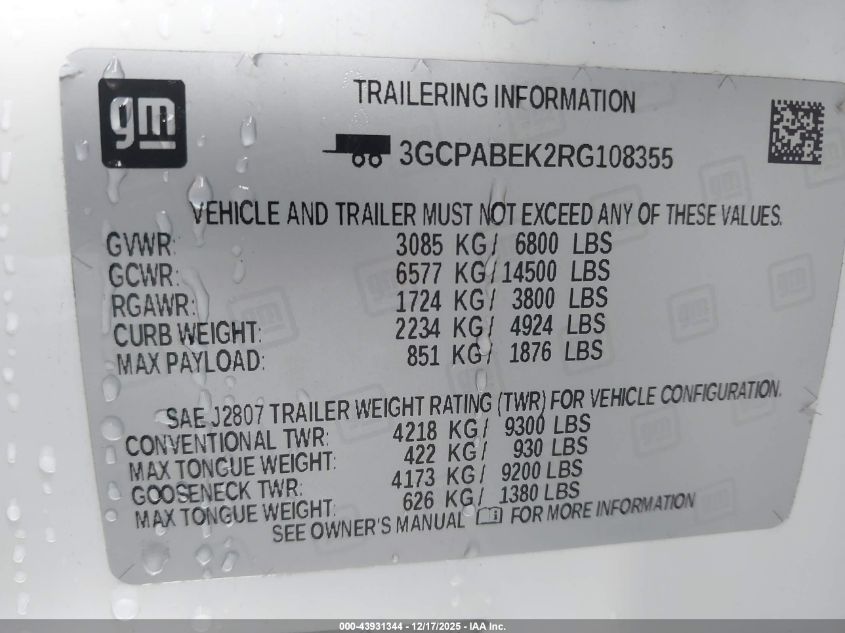 2024 Chevrolet Silverado 1500 2Wd Short Bed Custom VIN: 3GCPABEK2RG108355 Lot: 43931344