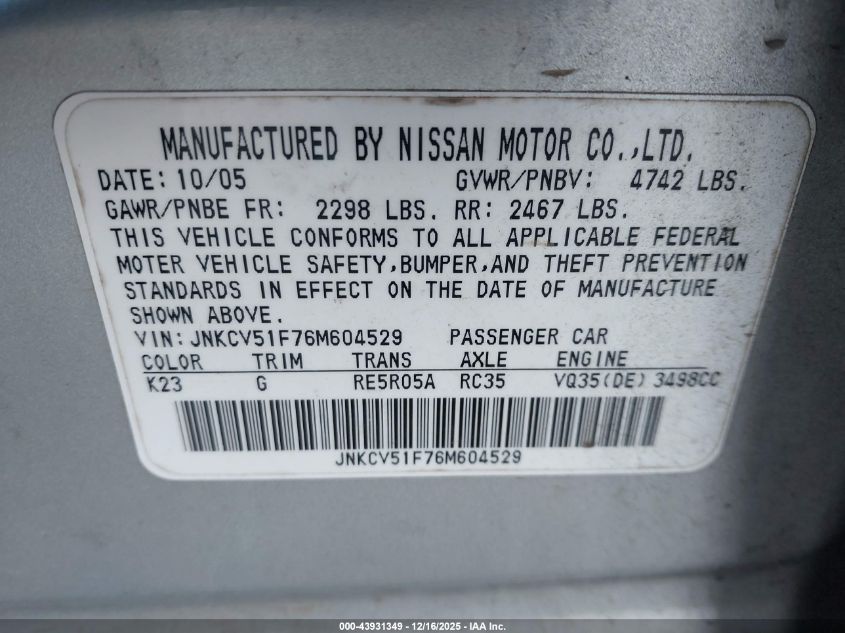 2006 Infiniti G35X VIN: JNKCV51F76M604529 Lot: 43931349