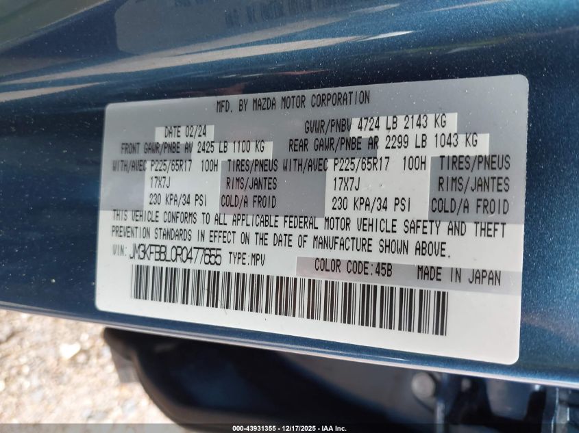 2024 Mazda Cx-5 2.5 S Select VIN: JM3KFBBL0R0477655 Lot: 43931355