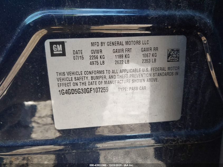 2016 Buick Lacrosse Premium I VIN: 1G4GD5G30GF107259 Lot: 43931360