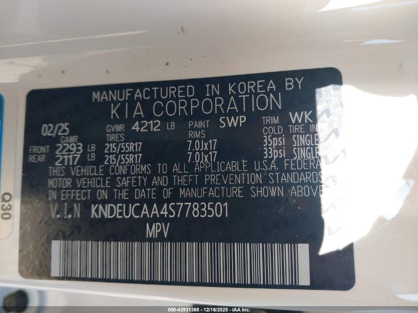 2025 Kia Seltos S VIN: KNDEUCAA4S7783501 Lot: 43931368