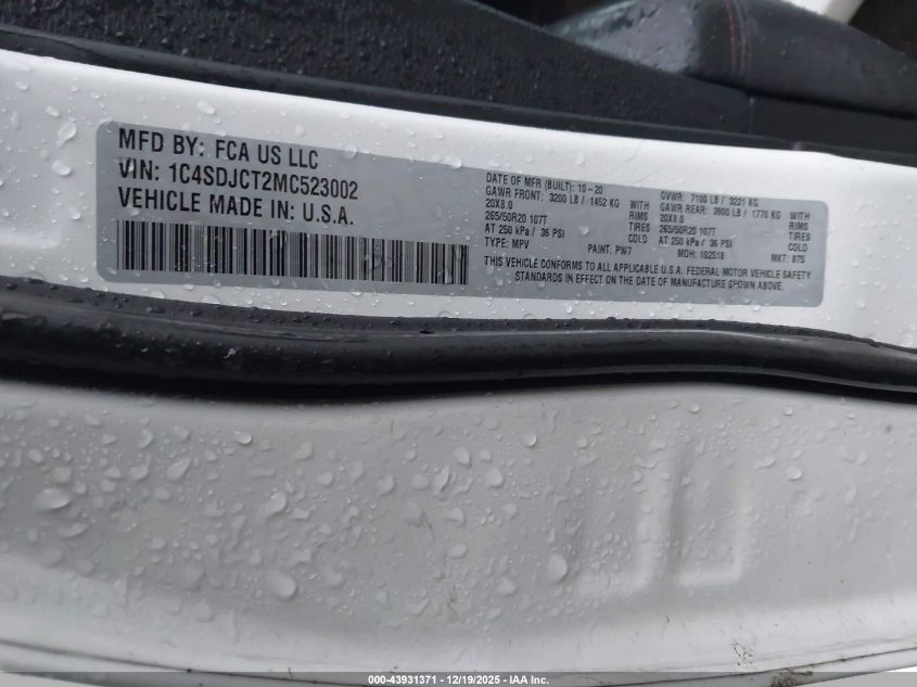 2021 Dodge Durango R/T Awd VIN: 1C4SDJCT2MC523002 Lot: 43931371