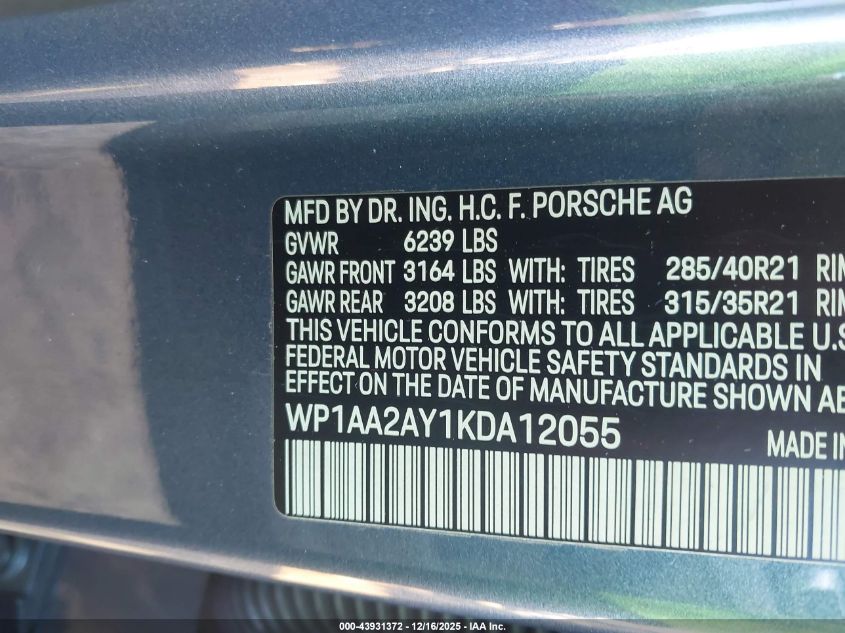 2019 Porsche Cayenne VIN: WP1AA2AY1KDA12055 Lot: 43931372