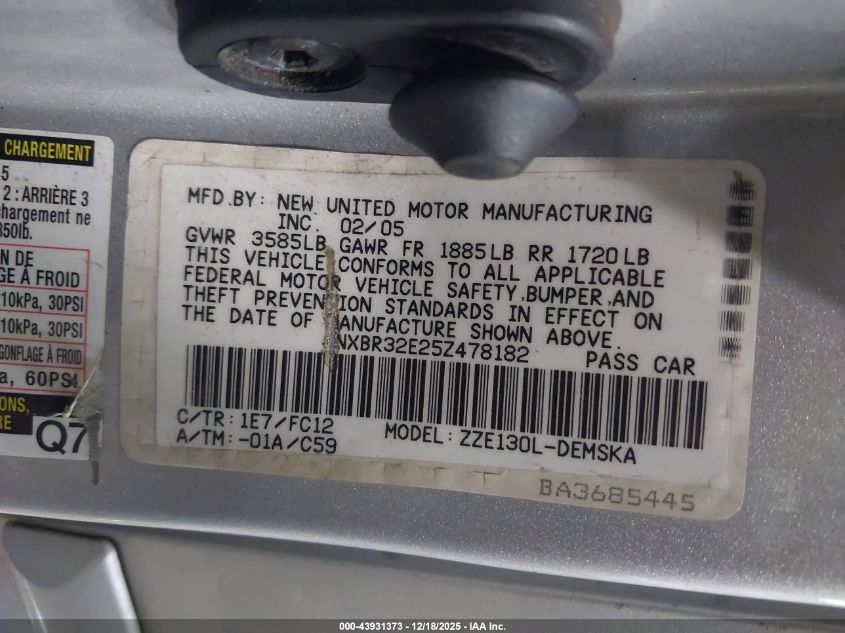 2005 Toyota Corolla S VIN: 1NXBR32E25Z478182 Lot: 43931373