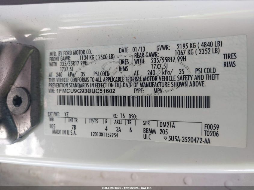 2013 Ford Escape Se VIN: 1FMCU9G93DUC51602 Lot: 43931376