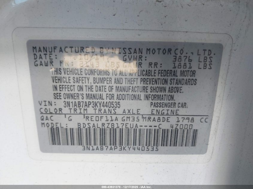 2019 Nissan Sentra Sr VIN: 3N1AB7AP3KY440535 Lot: 43931378