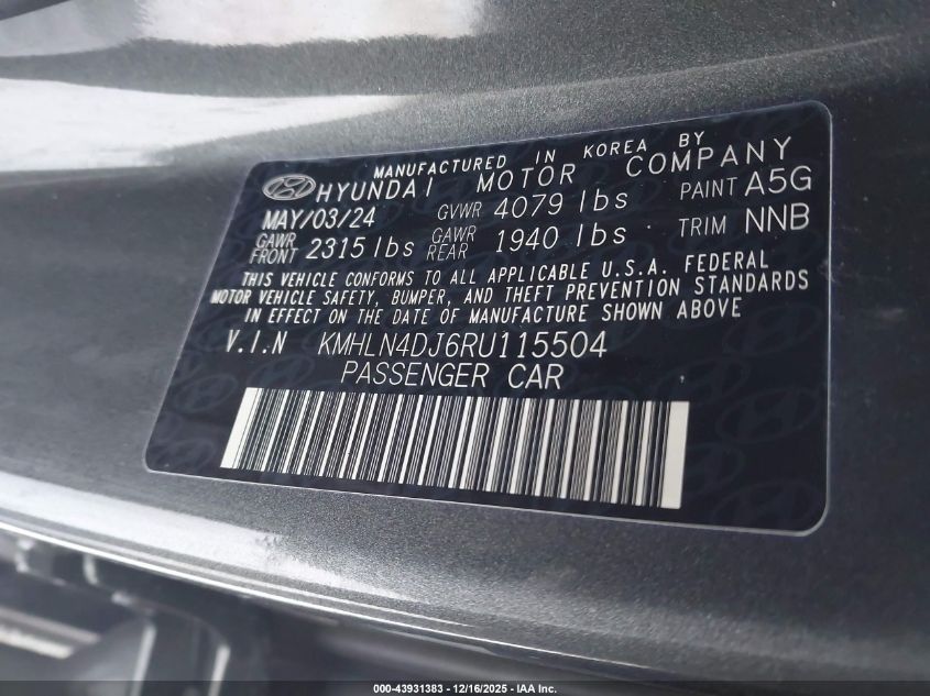 2024 Hyundai Elantra Hybrid Limited VIN: KMHLN4DJ6RU115504 Lot: 43931383