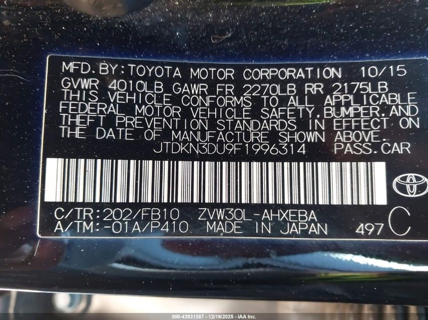 2015 Toyota Prius Two VIN: JTDKN3DU9F1996314 Lot: 43931387