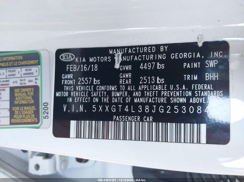 2018 Kia Optima Lx VIN: 5XXGT4L38JG253084 Lot: 43931391