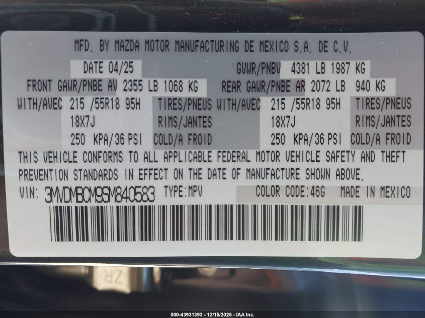 2025 Mazda Cx-30 2.5 S Preferred Package VIN: 3MVDMBCM9SM840583 Lot: 43931393