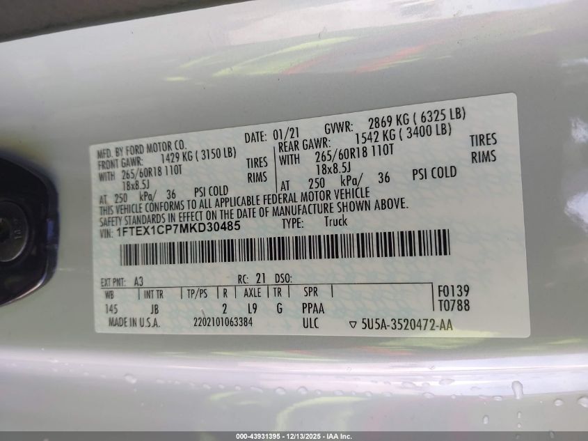 2021 Ford F-150 Xl VIN: 1FTEX1CP7MKD30485 Lot: 43931395