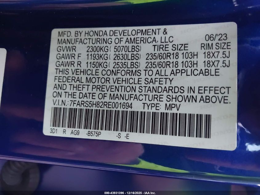 2024 Honda Cr-V Hybrid Sport-L VIN: 7FARS5H82RE001694 Lot: 43931396