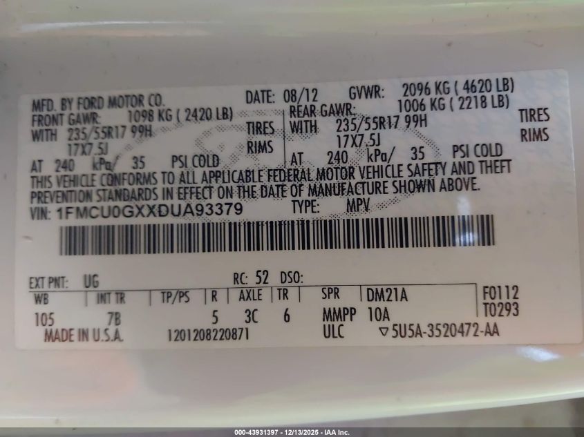 2013 Ford Escape Se VIN: 1FMCU0GXXDUA93379 Lot: 43931397